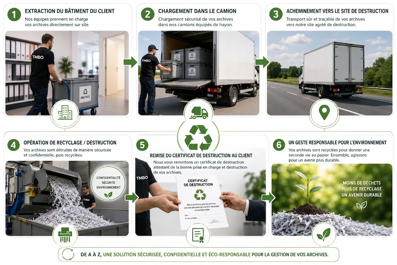 Processus TMBO destruction archives en 6 étapes : extraction, chargement, transport, destruction, certificat, recyclage