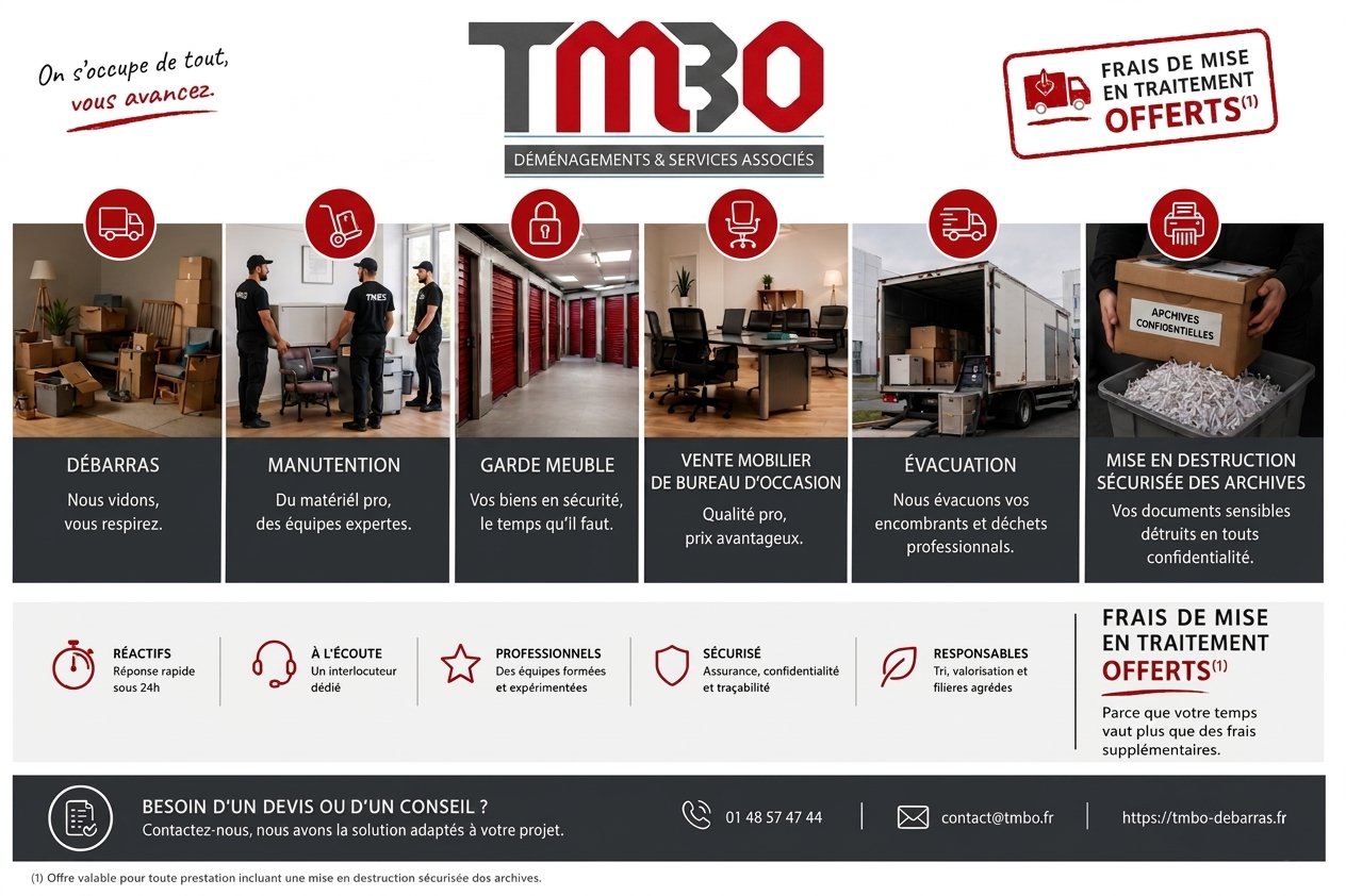 TMBO – Débarras, Manutention, Garde Meuble, Vente Mobilier, Évacuation, Mise en Destruction Sécurisée des Archives – Frais de mise en traitement offerts