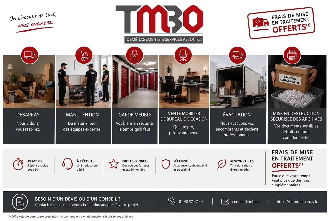 TMBO – Débarras, Manutention, Garde Meuble, Vente Mobilier, Évacuation, Mise en Destruction Sécurisée des Archives – Frais de mise en traitement offerts
